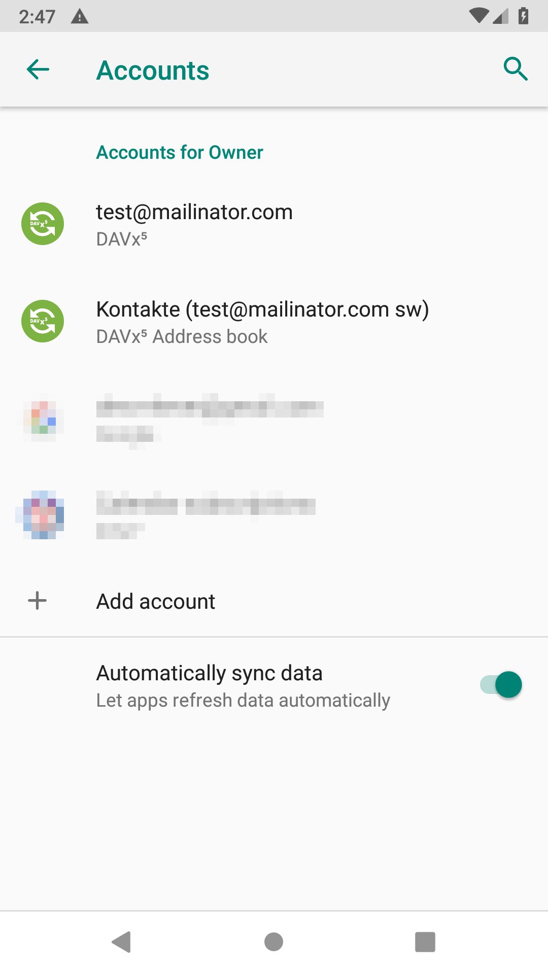 Screenshot: Android Settings / Accounts with configured DAVx⁵ account